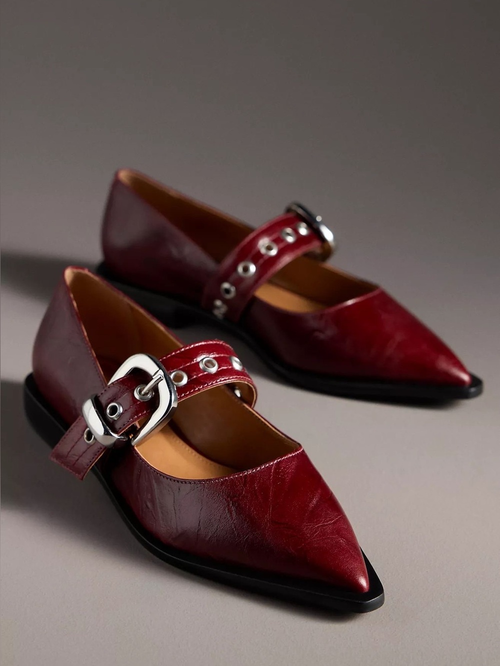 Anthropologie Maeve Pointed-Toe Moto Mary Jane Flats Burgundy Size 38